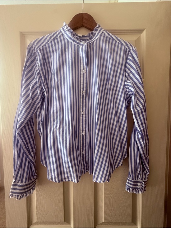 beachlunchlounge Tops - beachlunchlounge Blue and White Striped Ruffle Collar Shirt